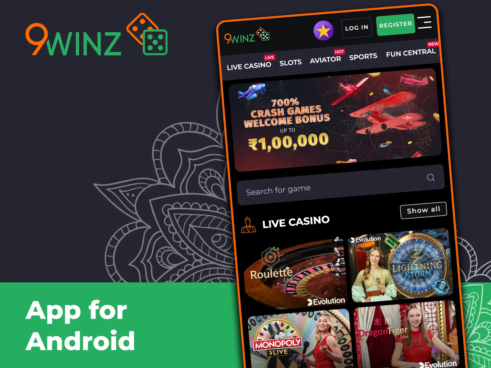 9Winz mobile version running on Android browser