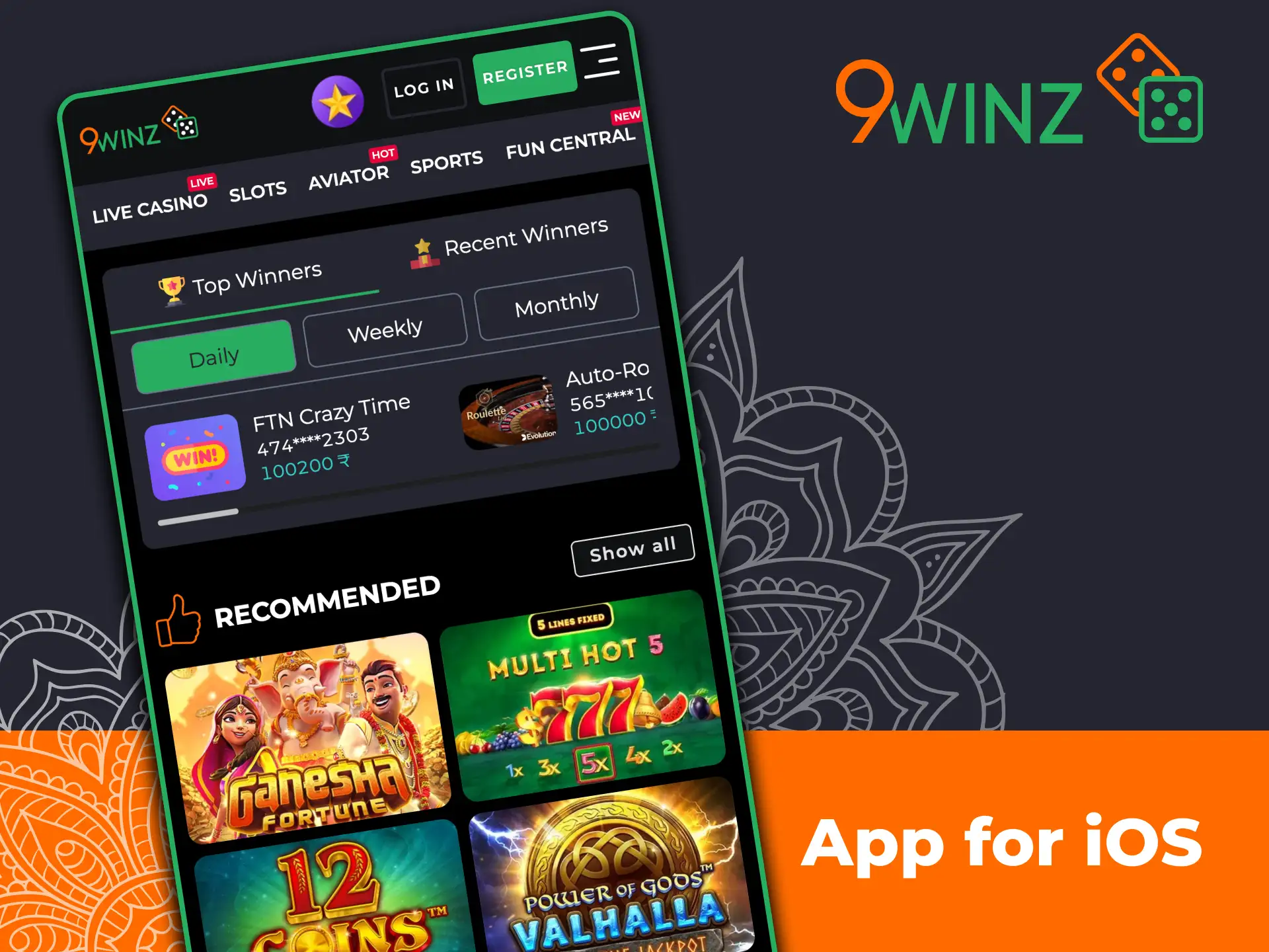 9Winz mobile version running on iPhone Safari