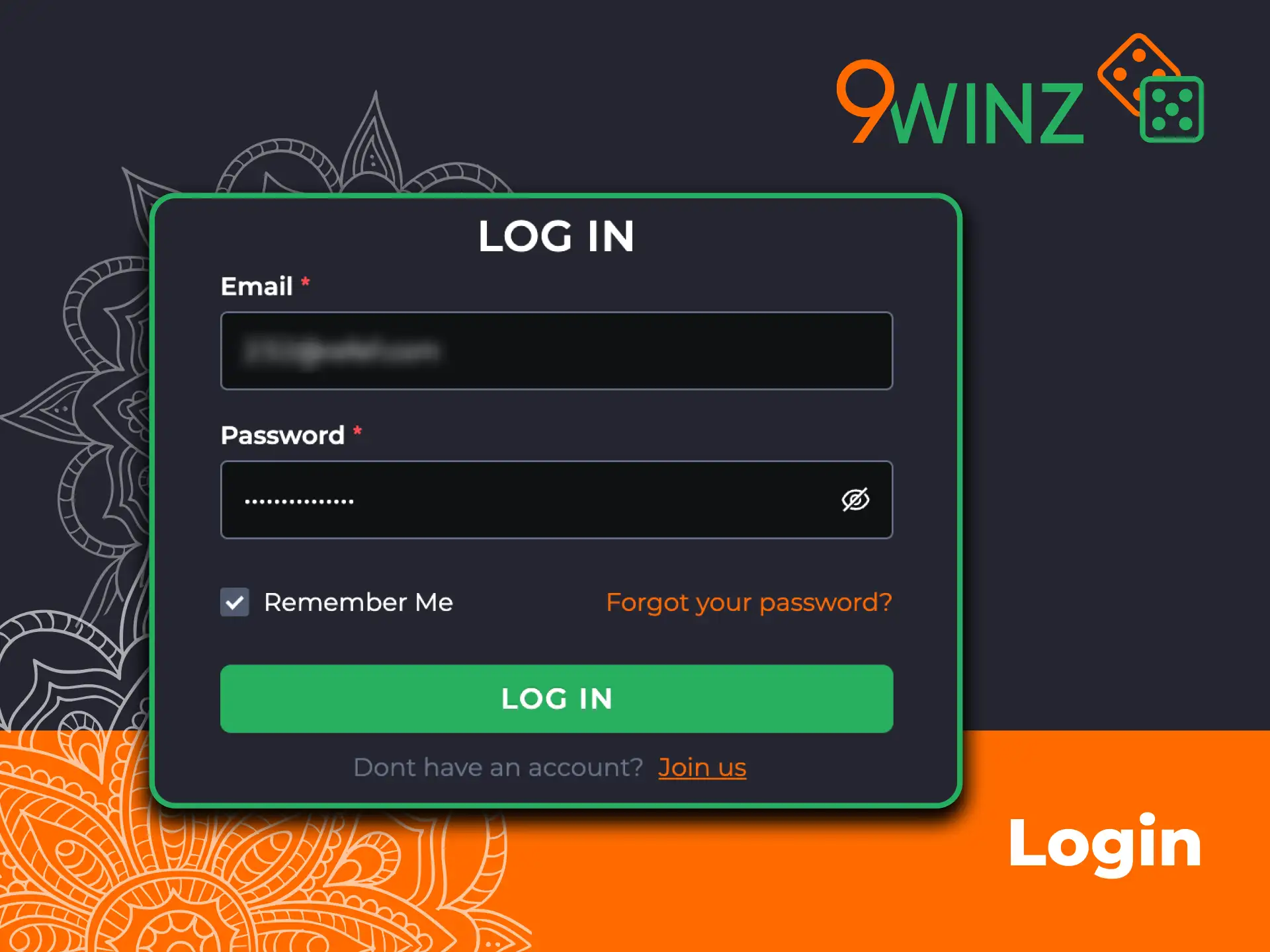 9Winz login page with email and password fields
