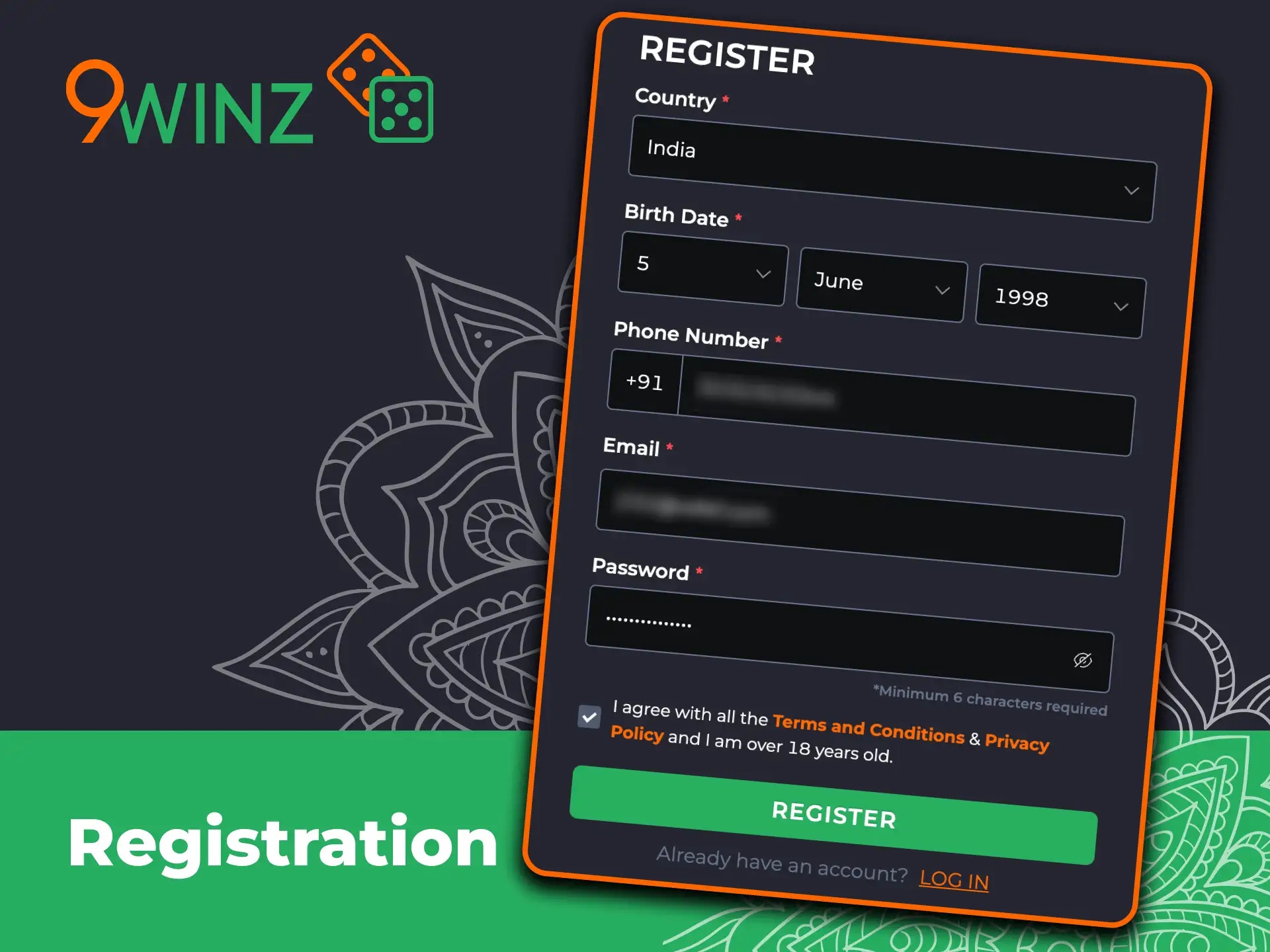 9Winz registration form for Indian players